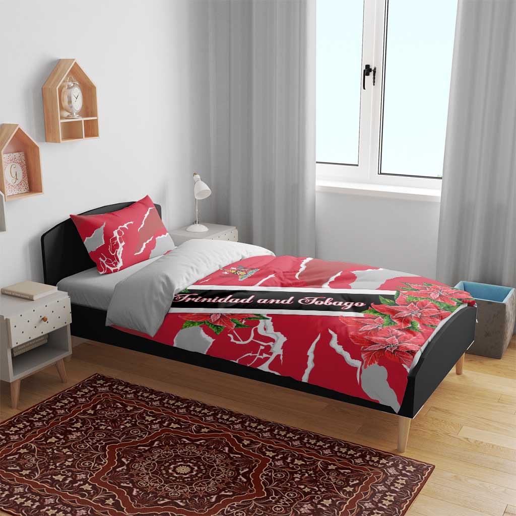 Trinidad and Tobago Red Poinsettia Bedding Set with National Crest and Diagonal Flag Sash Design - Wonder Print Shop