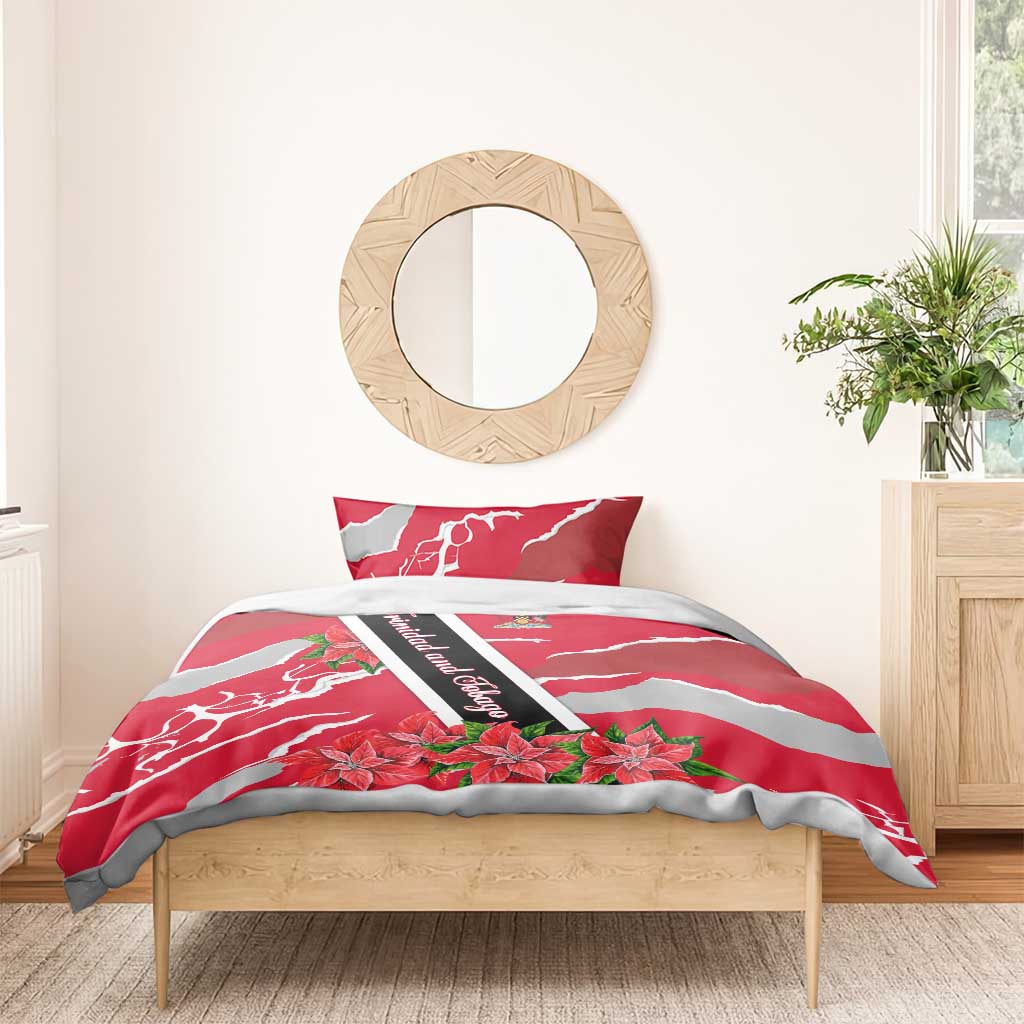 Trinidad and Tobago Red Poinsettia Bedding Set with National Crest and Diagonal Flag Sash Design - Wonder Print Shop