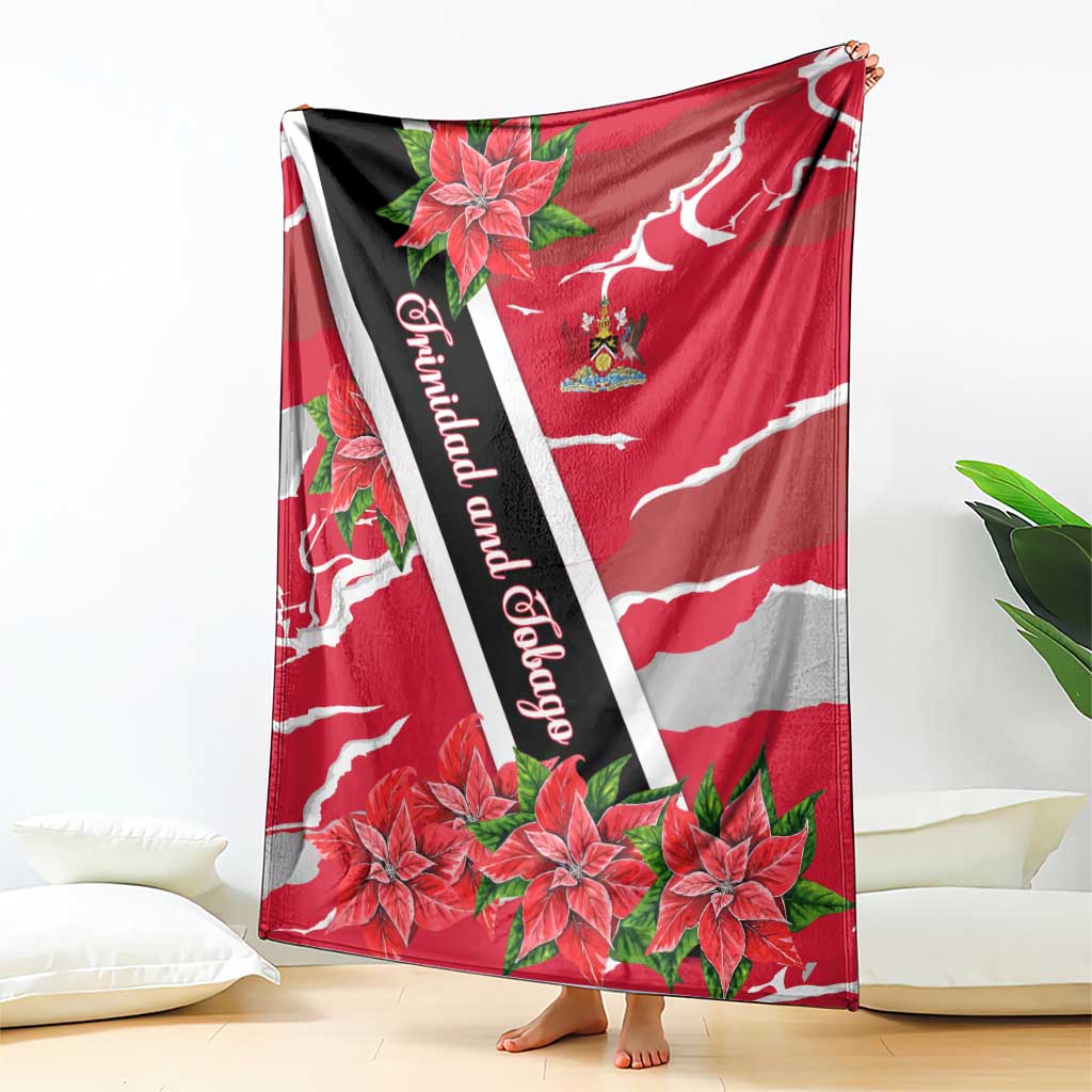 Trinidad and Tobago Red Poinsettia Blanket with National Crest and Diagonal Flag Sash Design - Wonder Print Shop