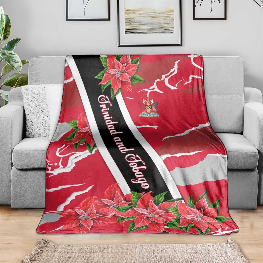 Trinidad and Tobago Red Poinsettia Blanket with National Crest and Diagonal Flag Sash Design - Wonder Print Shop