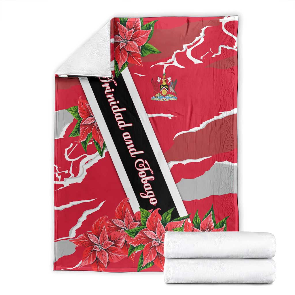 Trinidad and Tobago Red Poinsettia Blanket with National Crest and Diagonal Flag Sash Design - Wonder Print Shop
