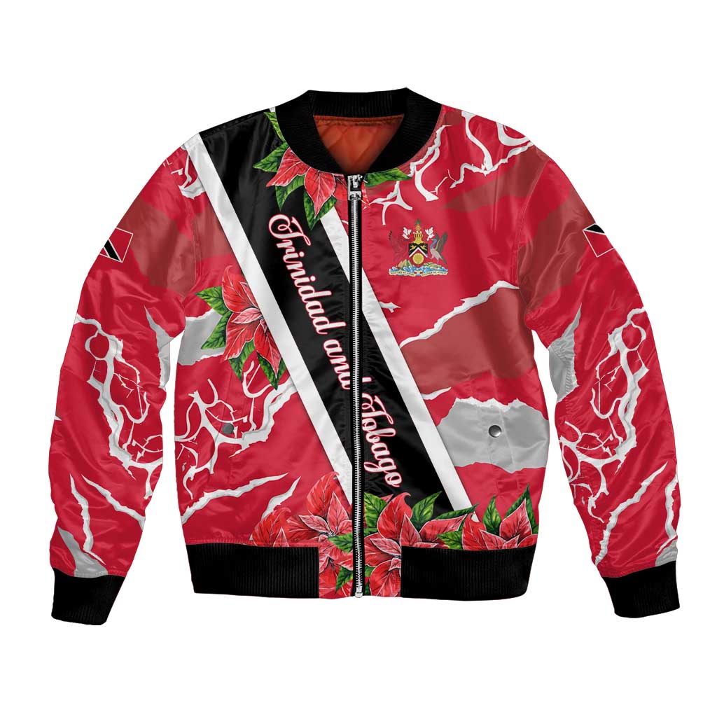 Trinidad and Tobago Red Poinsettia Bomber Jacket with National Crest and Diagonal Flag Sash Design - Wonder Print Shop