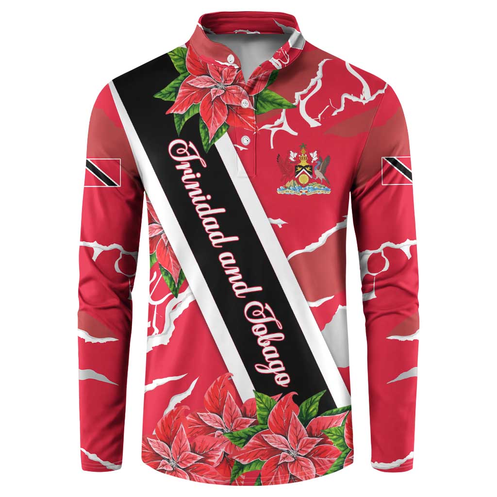 Trinidad and Tobago Red Poinsettia Button Sweatshirt with National Crest and Diagonal Flag Sash Design - Wonder Print Shop