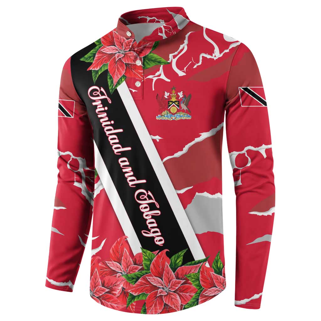Trinidad and Tobago Red Poinsettia Button Sweatshirt with National Crest and Diagonal Flag Sash Design - Wonder Print Shop