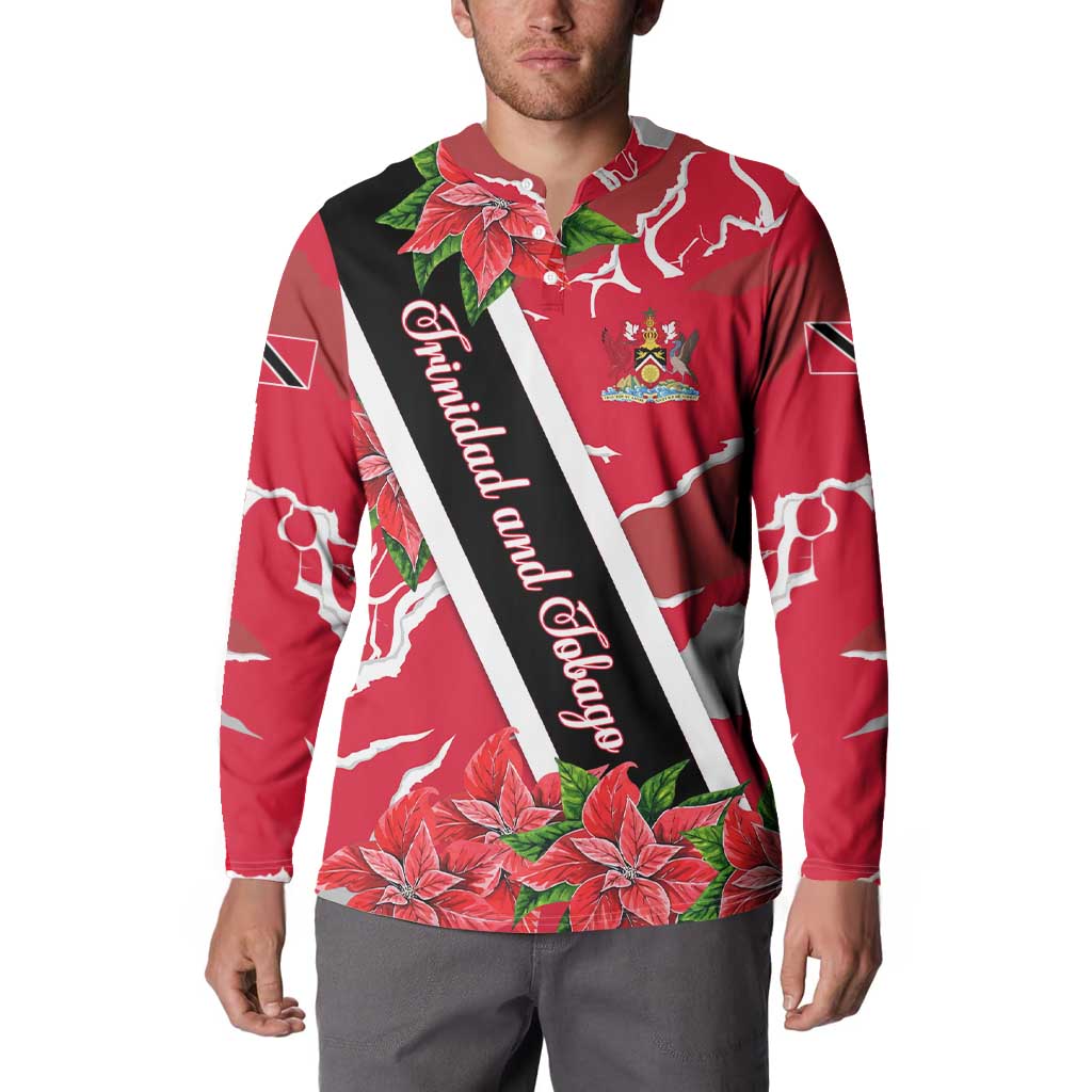 Trinidad and Tobago Red Poinsettia Button Sweatshirt with National Crest and Diagonal Flag Sash Design - Wonder Print Shop