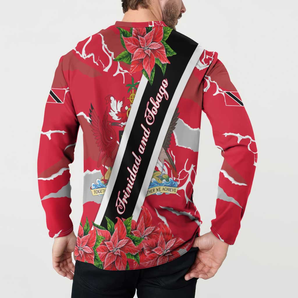 Trinidad and Tobago Red Poinsettia Button Sweatshirt with National Crest and Diagonal Flag Sash Design - Wonder Print Shop