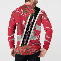 Trinidad and Tobago Red Poinsettia Button Sweatshirt with National Crest and Diagonal Flag Sash Design - Wonder Print Shop