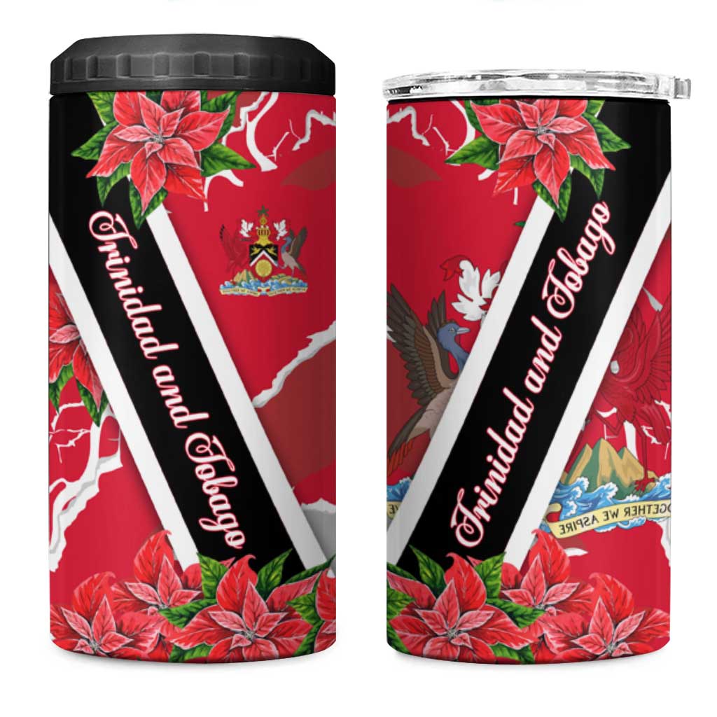 Trinidad and Tobago Red Poinsettia 4 in 1 Can Cooler Tumbler with National Crest and Diagonal Flag Sash Design - Wonder Print Shop