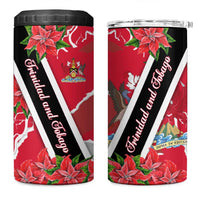 Trinidad and Tobago Red Poinsettia 4 in 1 Can Cooler Tumbler with National Crest and Diagonal Flag Sash Design - Wonder Print Shop