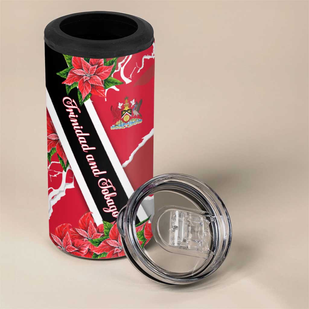 Trinidad and Tobago Red Poinsettia 4 in 1 Can Cooler Tumbler with National Crest and Diagonal Flag Sash Design - Wonder Print Shop