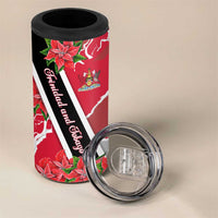 Trinidad and Tobago Red Poinsettia 4 in 1 Can Cooler Tumbler with National Crest and Diagonal Flag Sash Design - Wonder Print Shop