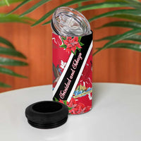 Trinidad and Tobago Red Poinsettia 4 in 1 Can Cooler Tumbler with National Crest and Diagonal Flag Sash Design - Wonder Print Shop
