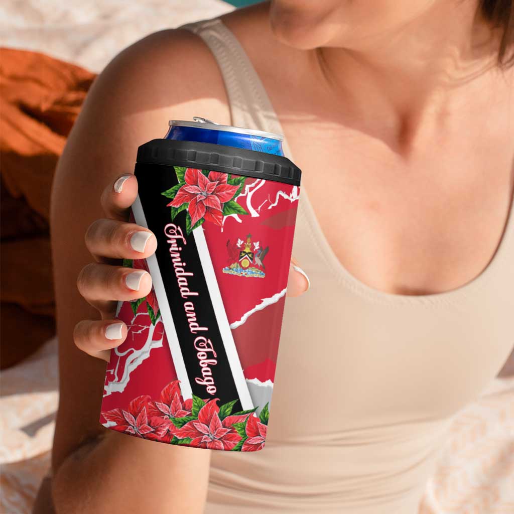Trinidad and Tobago Red Poinsettia 4 in 1 Can Cooler Tumbler with National Crest and Diagonal Flag Sash Design - Wonder Print Shop
