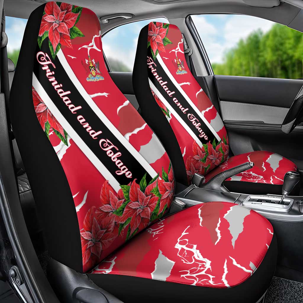 Trinidad and Tobago Red Poinsettia Car Seat Cover with National Crest and Diagonal Flag Sash Design - Wonder Print Shop