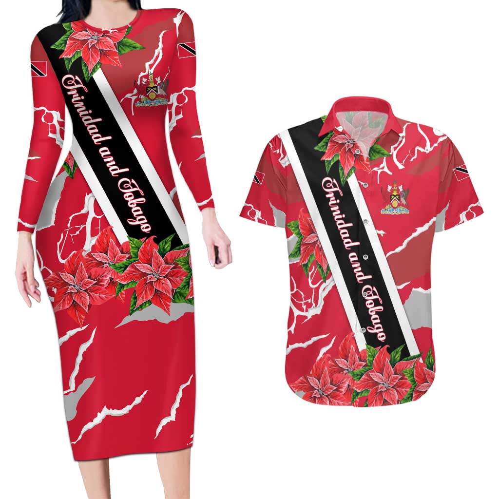Trinidad and Tobago Red Poinsettia Couples Matching Long Sleeve Bodycon Dress and Hawaiian Shirt with National Crest and Diagonal Flag Sash Design - Wonder Print Shop