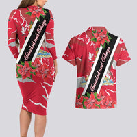 Trinidad and Tobago Red Poinsettia Couples Matching Long Sleeve Bodycon Dress and Hawaiian Shirt with National Crest and Diagonal Flag Sash Design - Wonder Print Shop
