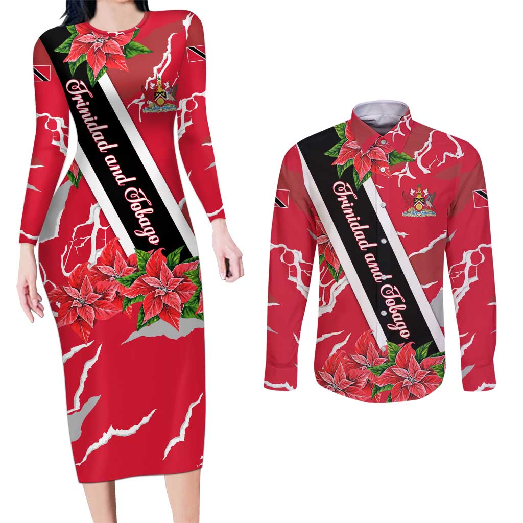 Trinidad and Tobago Red Poinsettia Couples Matching Long Sleeve Bodycon Dress and Long Sleeve Button Shirt with National Crest and Diagonal Flag Sash Design - Wonder Print Shop