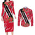 Trinidad and Tobago Red Poinsettia Couples Matching Long Sleeve Bodycon Dress and Long Sleeve Button Shirt with National Crest and Diagonal Flag Sash Design - Wonder Print Shop