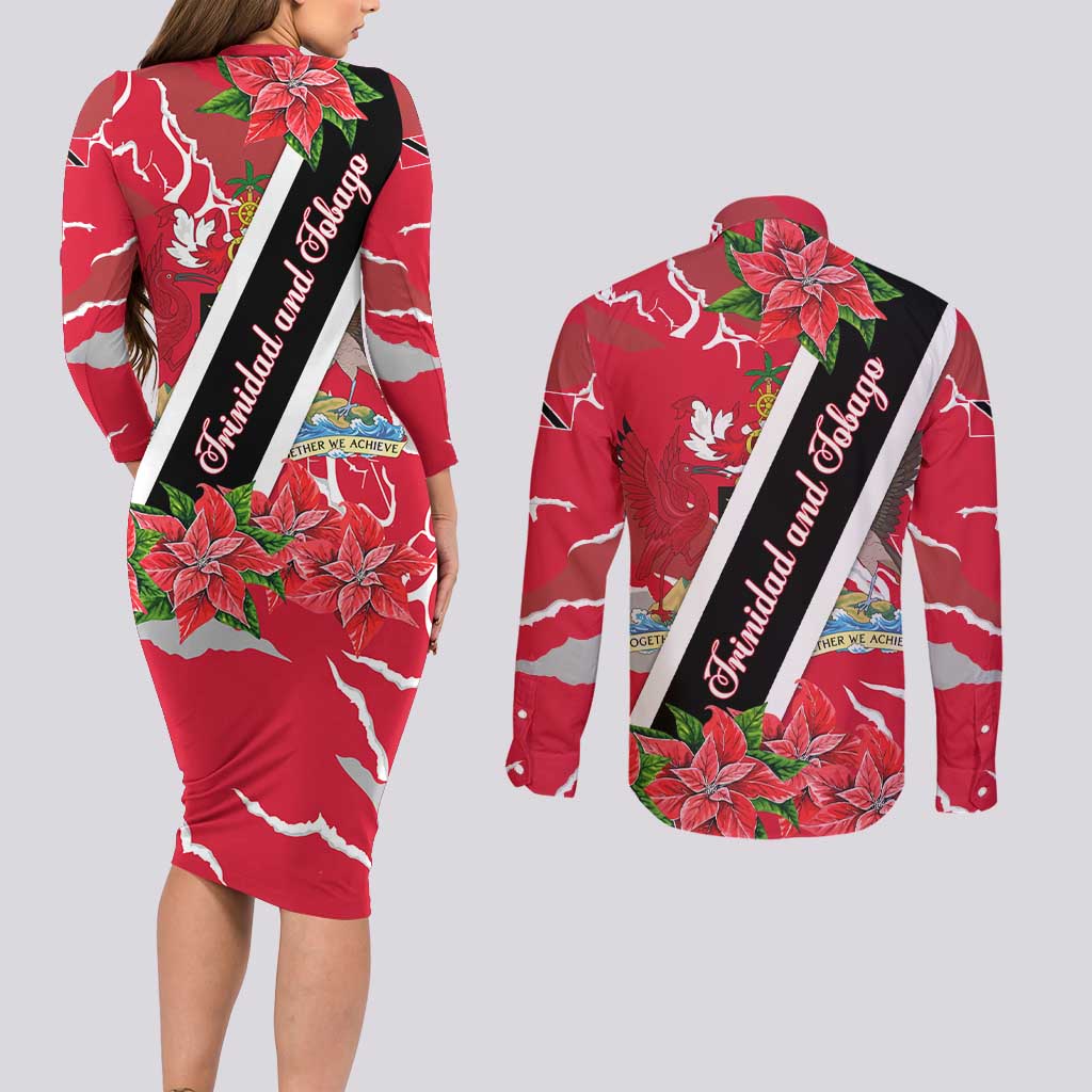Trinidad and Tobago Red Poinsettia Couples Matching Long Sleeve Bodycon Dress and Long Sleeve Button Shirt with National Crest and Diagonal Flag Sash Design - Wonder Print Shop