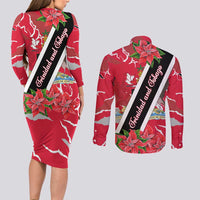 Trinidad and Tobago Red Poinsettia Couples Matching Long Sleeve Bodycon Dress and Long Sleeve Button Shirt with National Crest and Diagonal Flag Sash Design - Wonder Print Shop