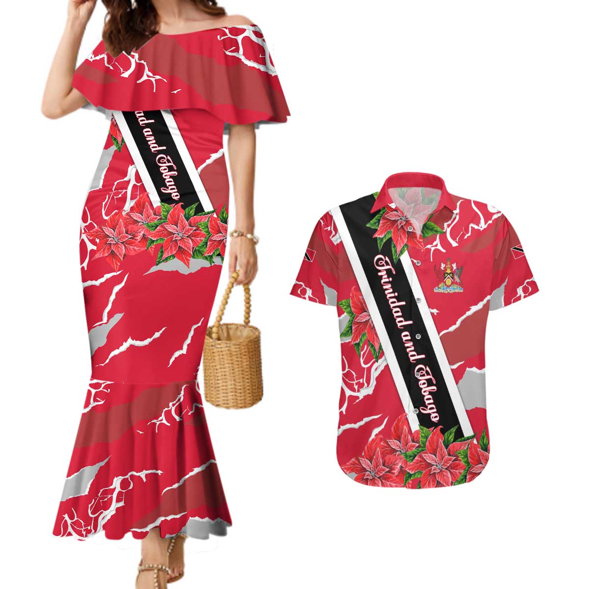 Trinidad and Tobago Red Poinsettia Couples Matching Mermaid Dress and Hawaiian Shirt with National Crest and Diagonal Flag Sash Design - Wonder Print Shop