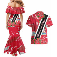 Trinidad and Tobago Red Poinsettia Couples Matching Mermaid Dress and Hawaiian Shirt with National Crest and Diagonal Flag Sash Design - Wonder Print Shop