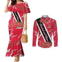 Trinidad and Tobago Red Poinsettia Couples Matching Mermaid Dress and Long Sleeve Button Shirt with National Crest and Diagonal Flag Sash Design - Wonder Print Shop