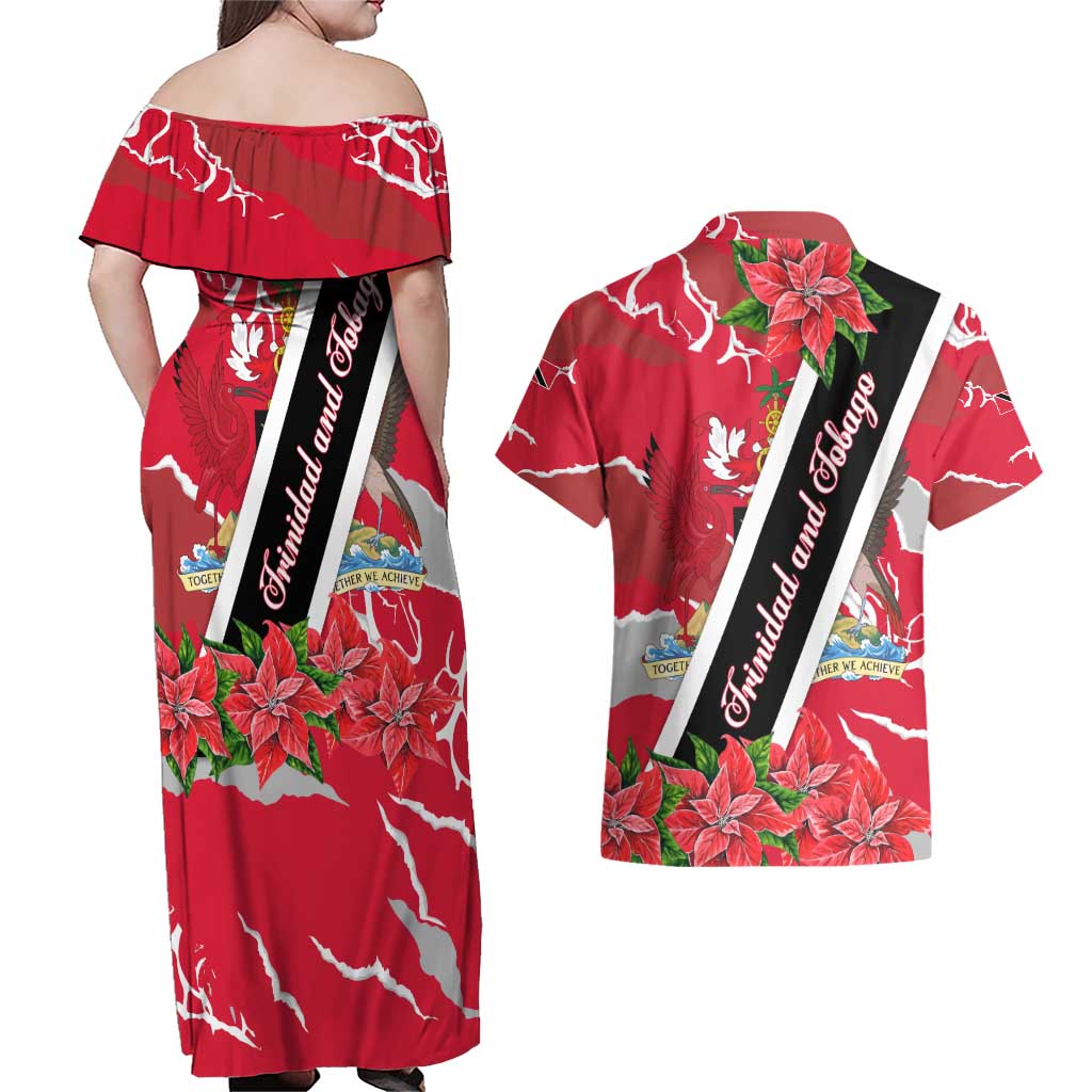 Trinidad and Tobago Red Poinsettia Couples Matching Off Shoulder Maxi Dress and Hawaiian Shirt with National Crest and Diagonal Flag Sash Design - Wonder Print Shop