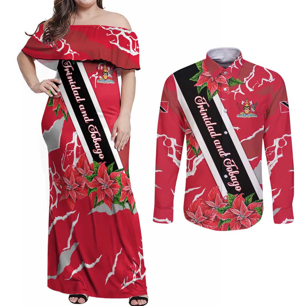 Trinidad and Tobago Red Poinsettia Couples Matching Off Shoulder Maxi Dress and Long Sleeve Button Shirt with National Crest and Diagonal Flag Sash Design - Wonder Print Shop