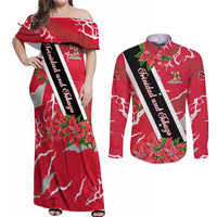 Trinidad and Tobago Red Poinsettia Couples Matching Off Shoulder Maxi Dress and Long Sleeve Button Shirt with National Crest and Diagonal Flag Sash Design - Wonder Print Shop