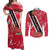 Trinidad and Tobago Red Poinsettia Couples Matching Off Shoulder Maxi Dress and Long Sleeve Button Shirt with National Crest and Diagonal Flag Sash Design - Wonder Print Shop