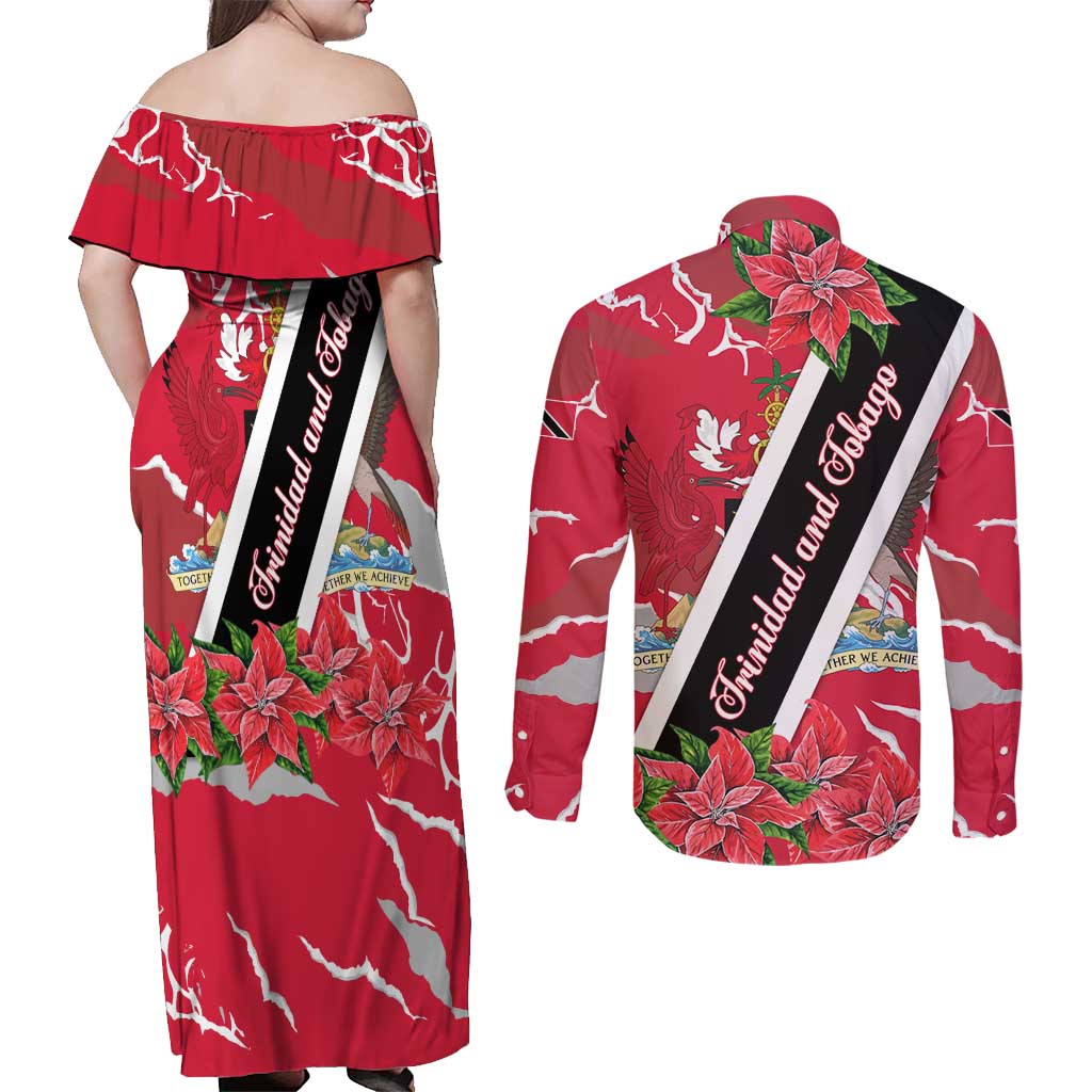 Trinidad and Tobago Red Poinsettia Couples Matching Off Shoulder Maxi Dress and Long Sleeve Button Shirt with National Crest and Diagonal Flag Sash Design - Wonder Print Shop
