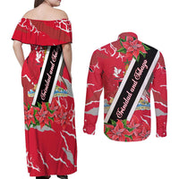 Trinidad and Tobago Red Poinsettia Couples Matching Off Shoulder Maxi Dress and Long Sleeve Button Shirt with National Crest and Diagonal Flag Sash Design - Wonder Print Shop