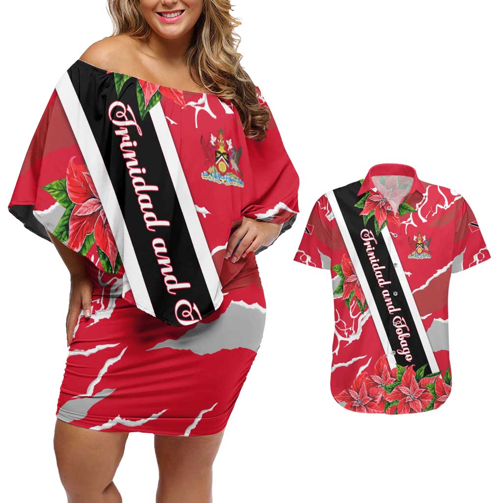 Trinidad and Tobago Red Poinsettia Couples Matching Off Shoulder Short Dress and Hawaiian Shirt with National Crest and Diagonal Flag Sash Design - Wonder Print Shop
