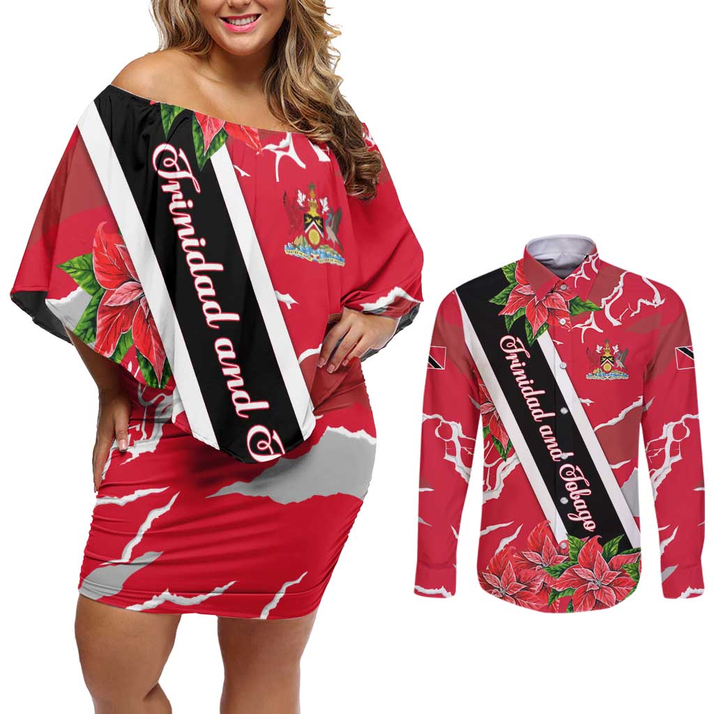 Trinidad and Tobago Red Poinsettia Couples Matching Off Shoulder Short Dress and Long Sleeve Button Shirt with National Crest and Diagonal Flag Sash Design - Wonder Print Shop