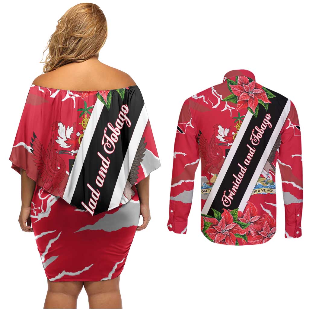 Trinidad and Tobago Red Poinsettia Couples Matching Off Shoulder Short Dress and Long Sleeve Button Shirt with National Crest and Diagonal Flag Sash Design - Wonder Print Shop