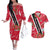 Trinidad and Tobago Red Poinsettia Couples Matching Off The Shoulder Long Sleeve Dress and Hawaiian Shirt with National Crest and Diagonal Flag Sash Design - Wonder Print Shop