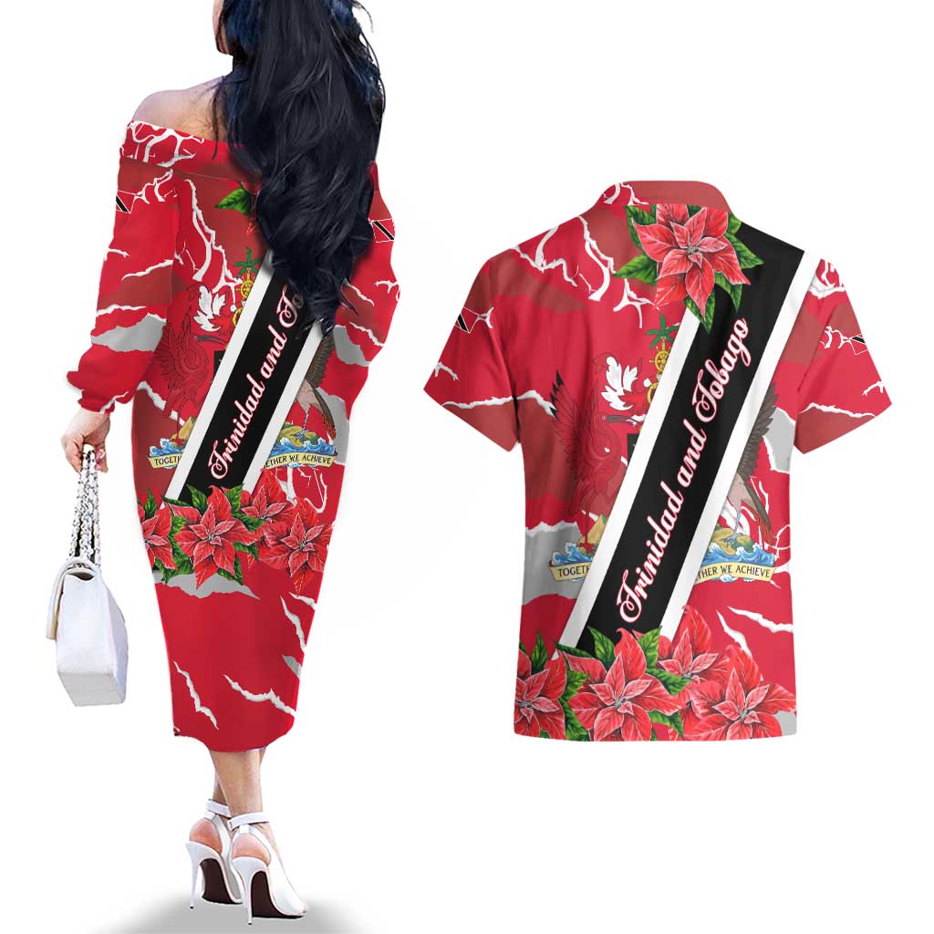Trinidad and Tobago Red Poinsettia Couples Matching Off The Shoulder Long Sleeve Dress and Hawaiian Shirt with National Crest and Diagonal Flag Sash Design - Wonder Print Shop