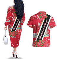 Trinidad and Tobago Red Poinsettia Couples Matching Off The Shoulder Long Sleeve Dress and Hawaiian Shirt with National Crest and Diagonal Flag Sash Design - Wonder Print Shop