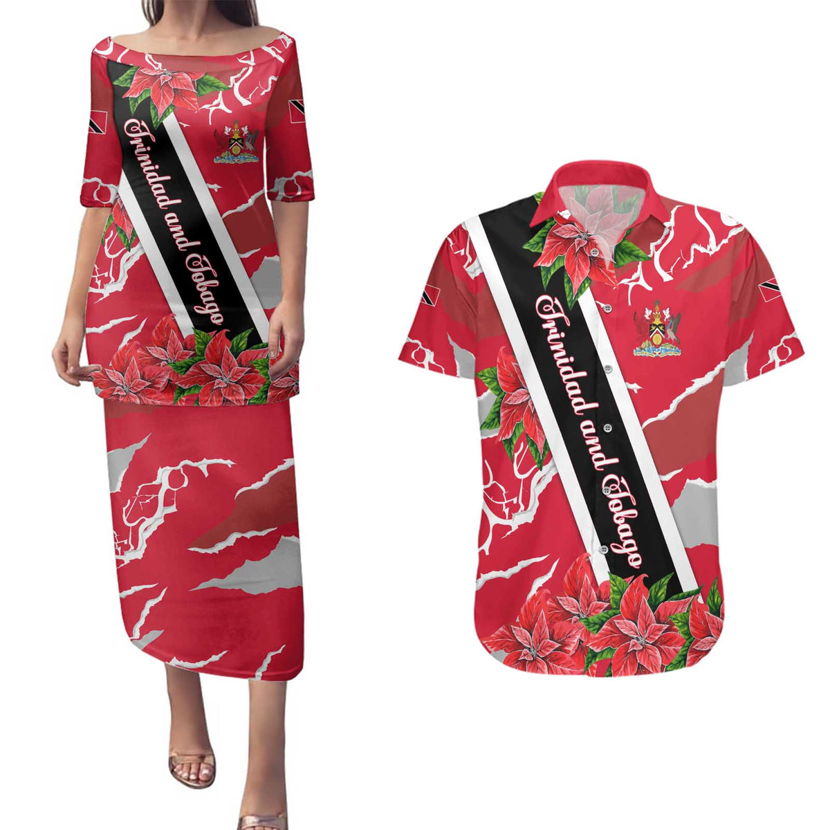 Trinidad and Tobago Red Poinsettia Couples Matching Puletasi and Hawaiian Shirt with National Crest and Diagonal Flag Sash Design - Wonder Print Shop