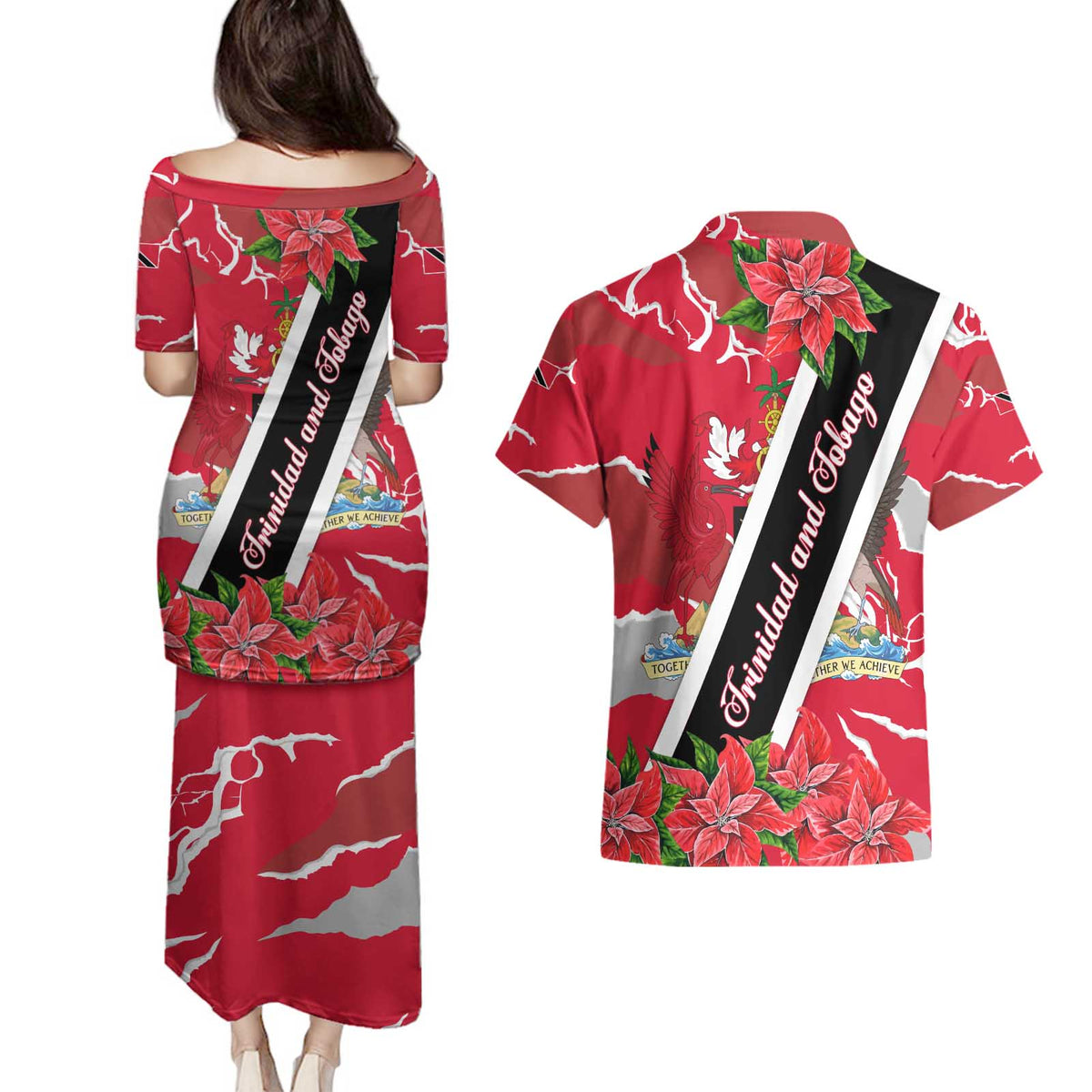 Trinidad and Tobago Red Poinsettia Couples Matching Puletasi and Hawaiian Shirt with National Crest and Diagonal Flag Sash Design - Wonder Print Shop