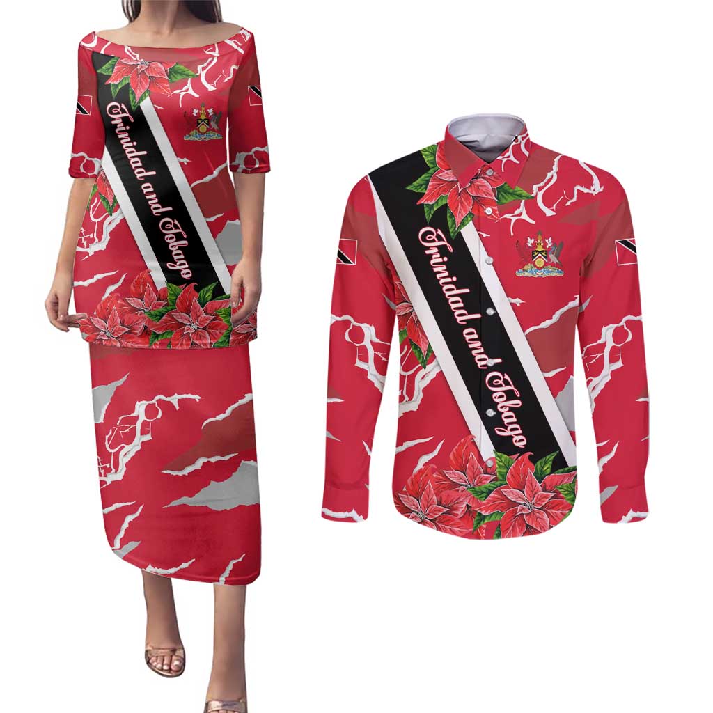 Trinidad and Tobago Red Poinsettia Couples Matching Puletasi and Long Sleeve Button Shirt with National Crest and Diagonal Flag Sash Design - Wonder Print Shop