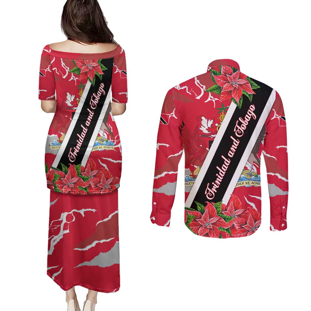 Trinidad and Tobago Red Poinsettia Couples Matching Puletasi and Long Sleeve Button Shirt with National Crest and Diagonal Flag Sash Design - Wonder Print Shop