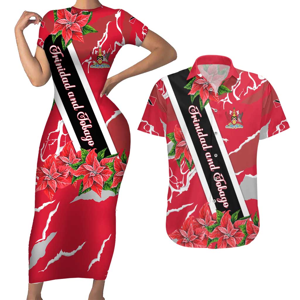 Trinidad and Tobago Red Poinsettia Couples Matching Short Sleeve Bodycon Dress and Hawaiian Shirt with National Crest and Diagonal Flag Sash Design - Wonder Print Shop