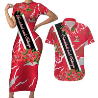 Trinidad and Tobago Red Poinsettia Couples Matching Short Sleeve Bodycon Dress and Hawaiian Shirt with National Crest and Diagonal Flag Sash Design - Wonder Print Shop