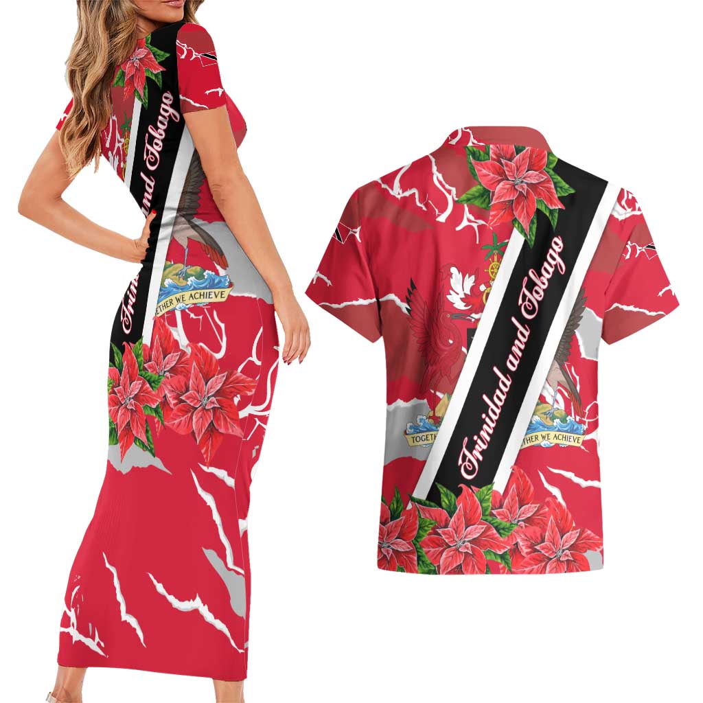 Trinidad and Tobago Red Poinsettia Couples Matching Short Sleeve Bodycon Dress and Hawaiian Shirt with National Crest and Diagonal Flag Sash Design - Wonder Print Shop