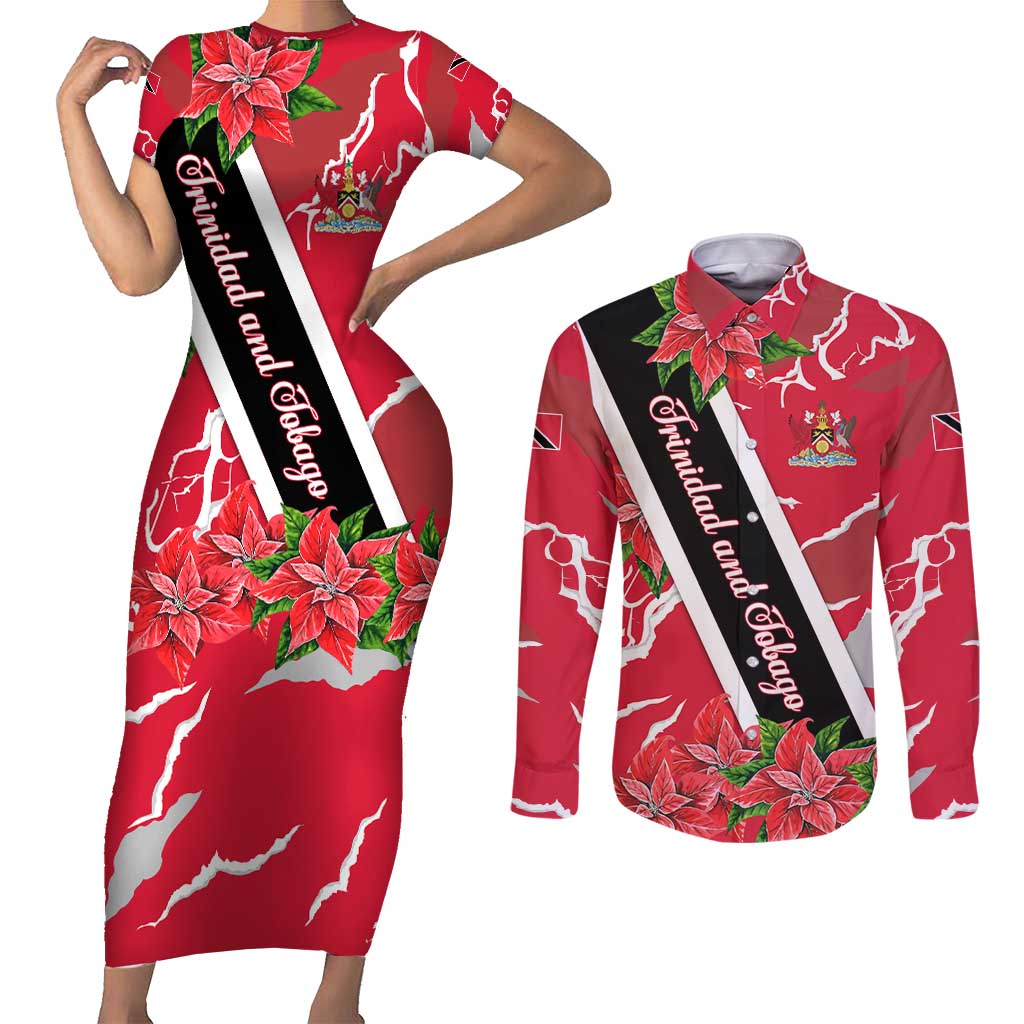 Trinidad and Tobago Red Poinsettia Couples Matching Short Sleeve Bodycon Dress and Long Sleeve Button Shirt with National Crest and Diagonal Flag Sash Design - Wonder Print Shop