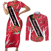 Trinidad and Tobago Red Poinsettia Couples Matching Short Sleeve Bodycon Dress and Long Sleeve Button Shirt with National Crest and Diagonal Flag Sash Design - Wonder Print Shop