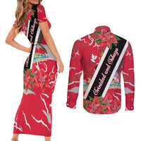 Trinidad and Tobago Red Poinsettia Couples Matching Short Sleeve Bodycon Dress and Long Sleeve Button Shirt with National Crest and Diagonal Flag Sash Design - Wonder Print Shop