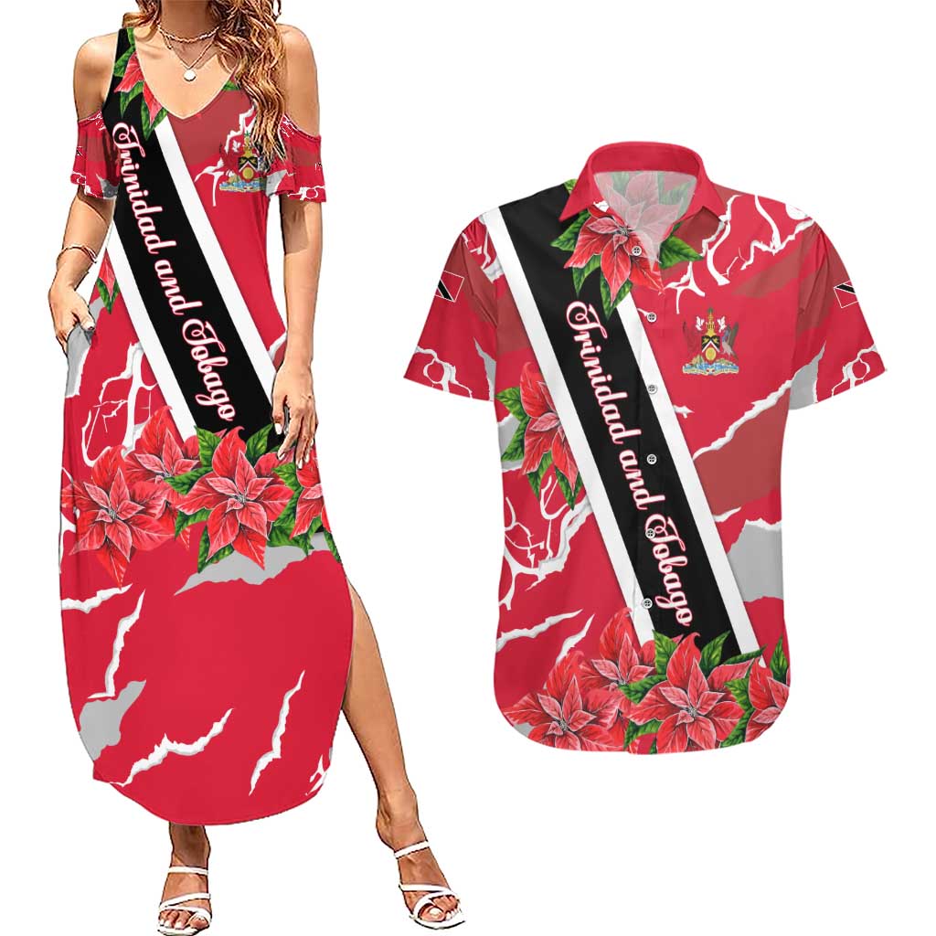 Trinidad and Tobago Red Poinsettia Couples Matching Summer Maxi Dress and Hawaiian Shirt with National Crest and Diagonal Flag Sash Design - Wonder Print Shop